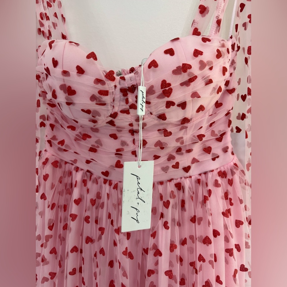 Petal & Pup Floret Pink Tulle Red Hearts Midi Dress Tie Straps NWT Valentines S - Picture 8 of 15
